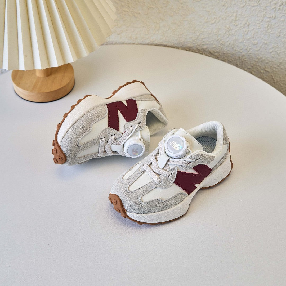 NB327 Rotating Buckle Waffle Gump Children's Shoes" light gray, Burgundy"