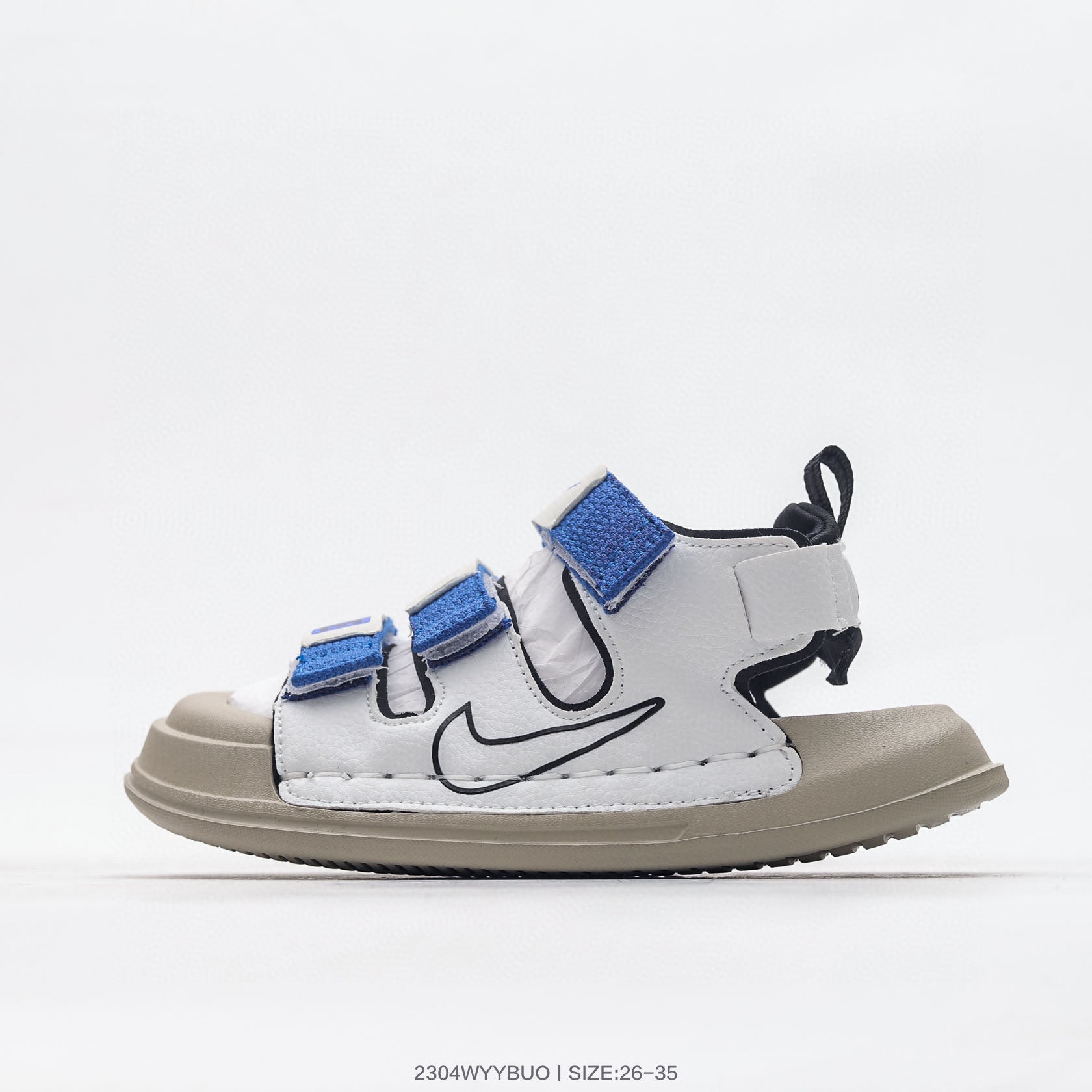 Nike three-bar closed-toe sandals" white, blue"
