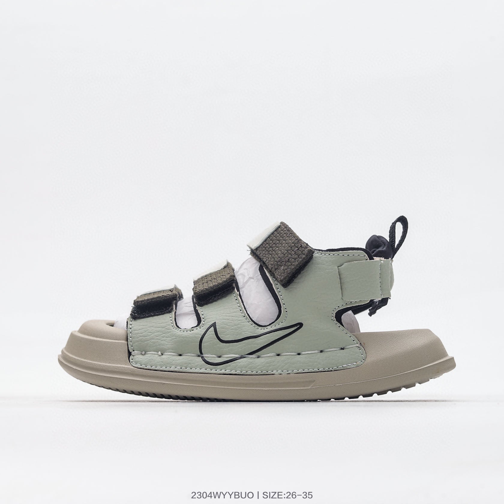 Nike three-bar closed-toe sandals" light olive"