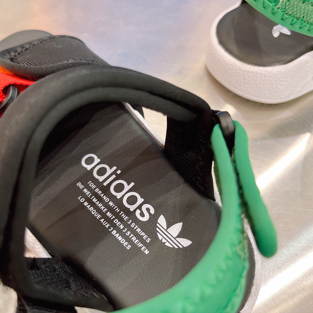 Adidas clover hook and loop beach sandals" black, orange, & green"