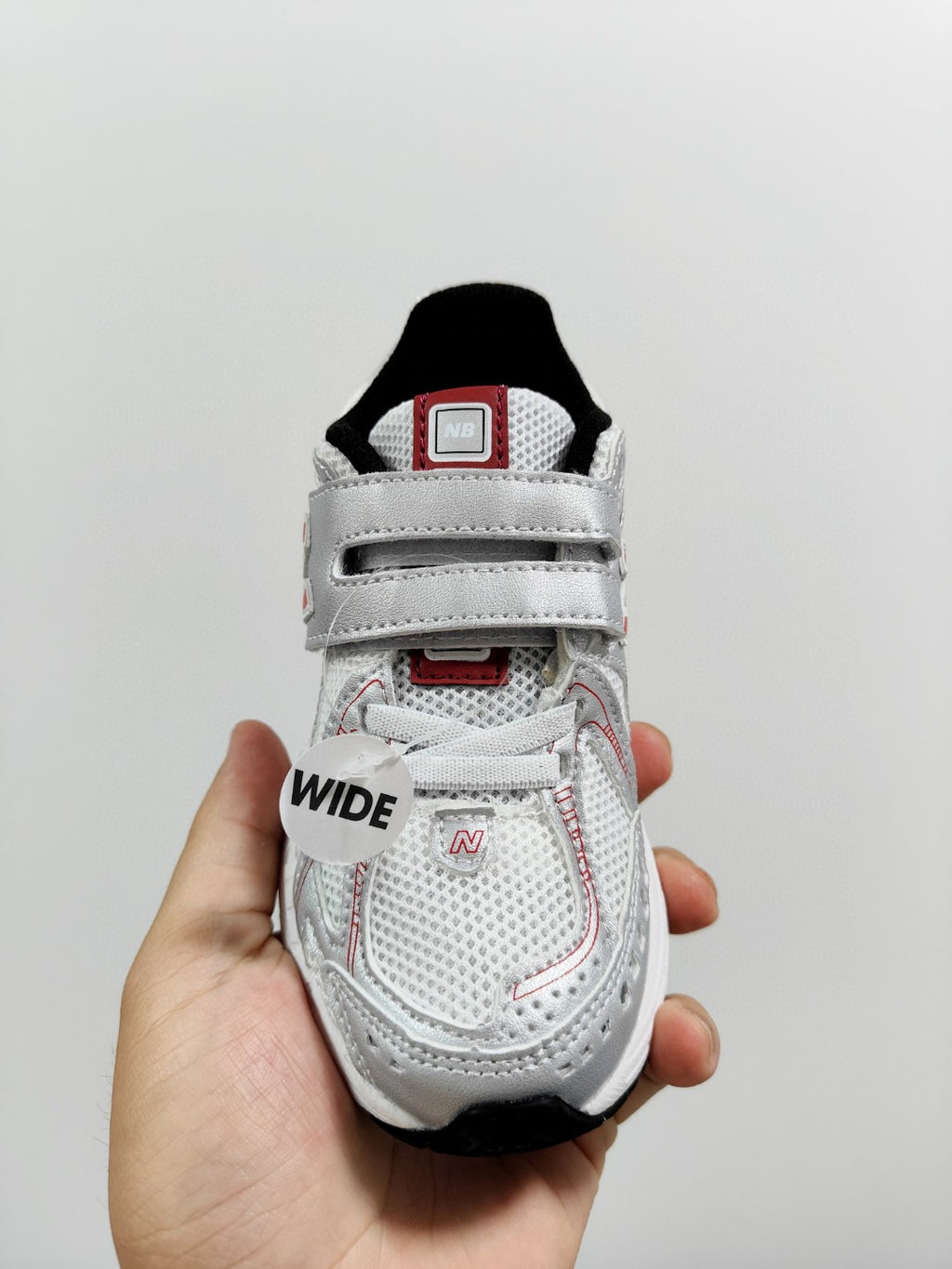 NB 1906 Velcro Kids Running Shoes" white, silver, red"