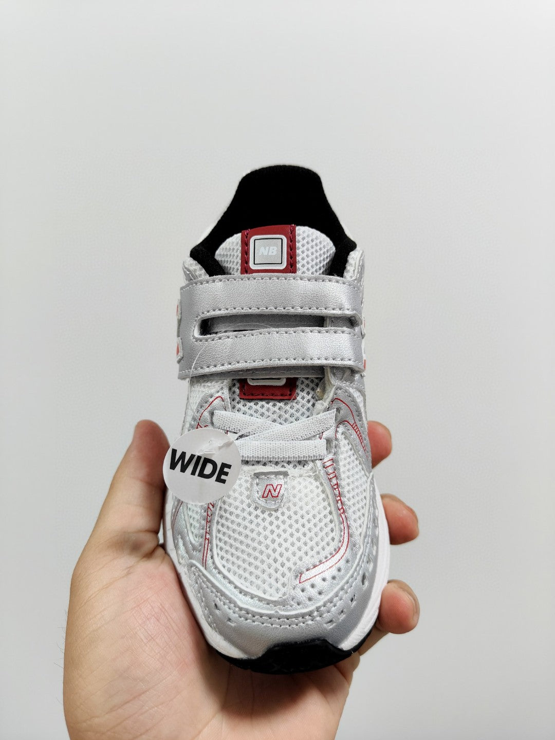 NB 1906 Velcro Kids Running Shoes" white, silver, red"