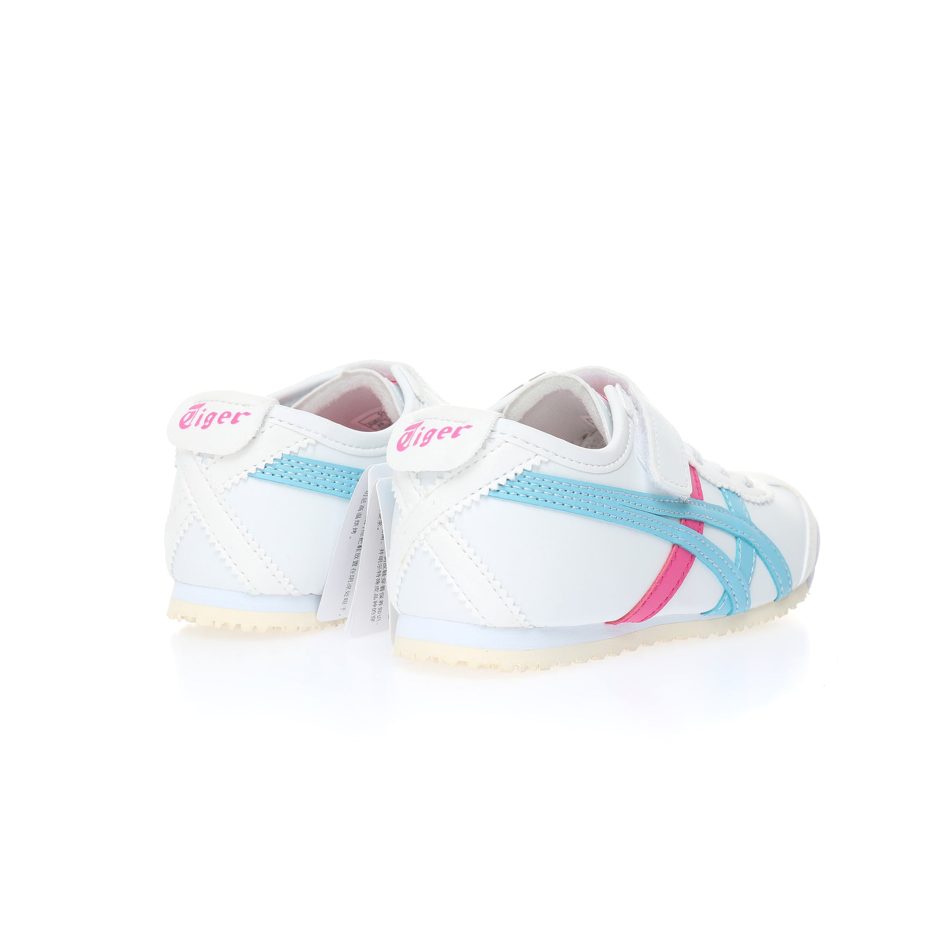 Asics Tiger" white with light blue and pink"