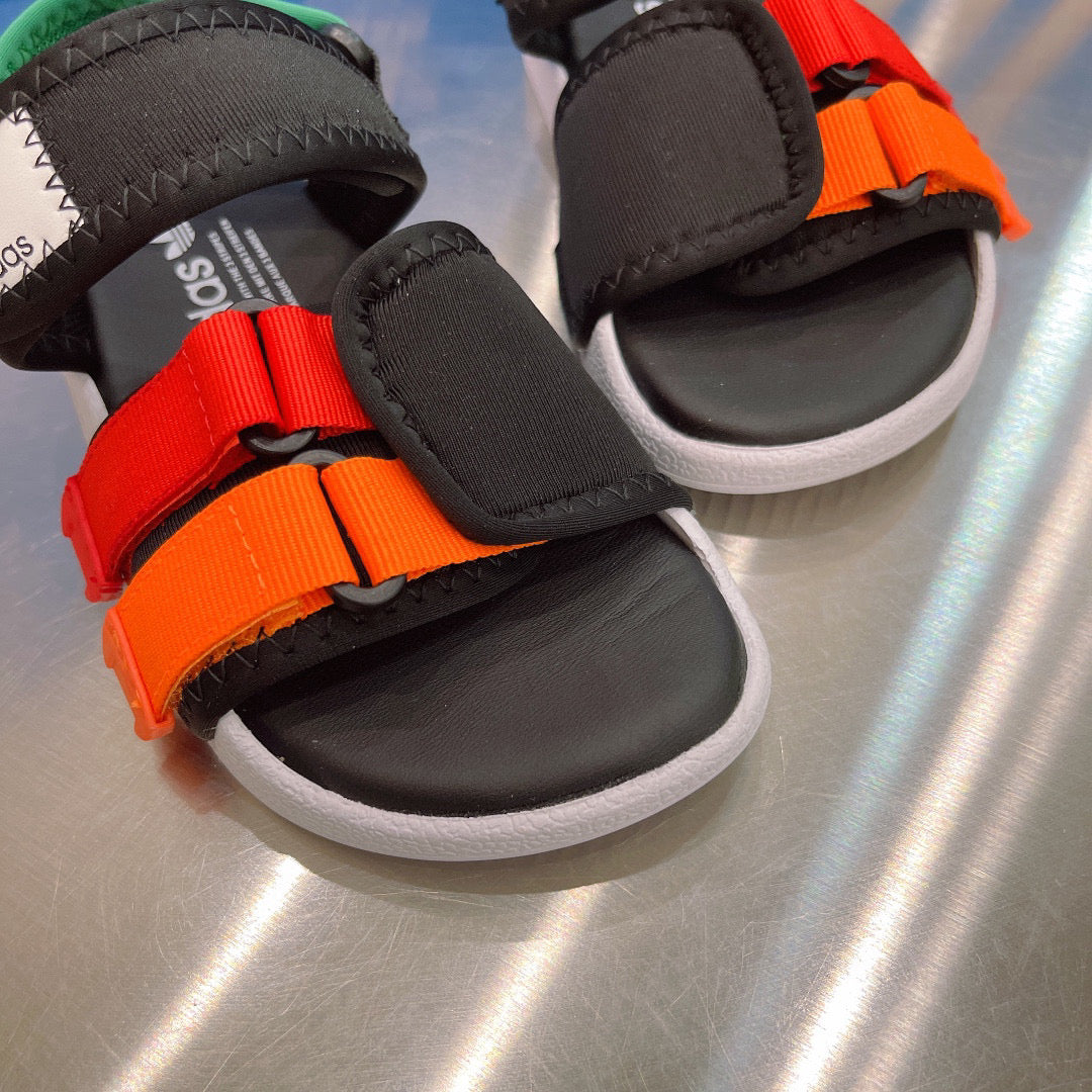 Adidas clover hook and loop beach sandals" black, orange, & green"