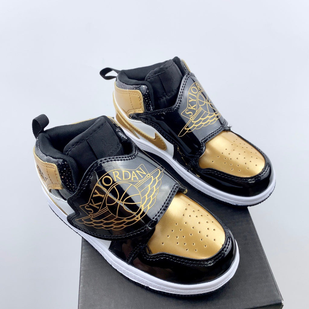 AJ Joe One-Wing Velcro Children's Shoes" black, white, gold"