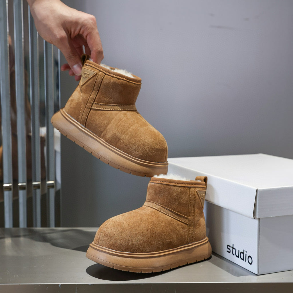 U-GG ugly leather big head snow boots" Camel"