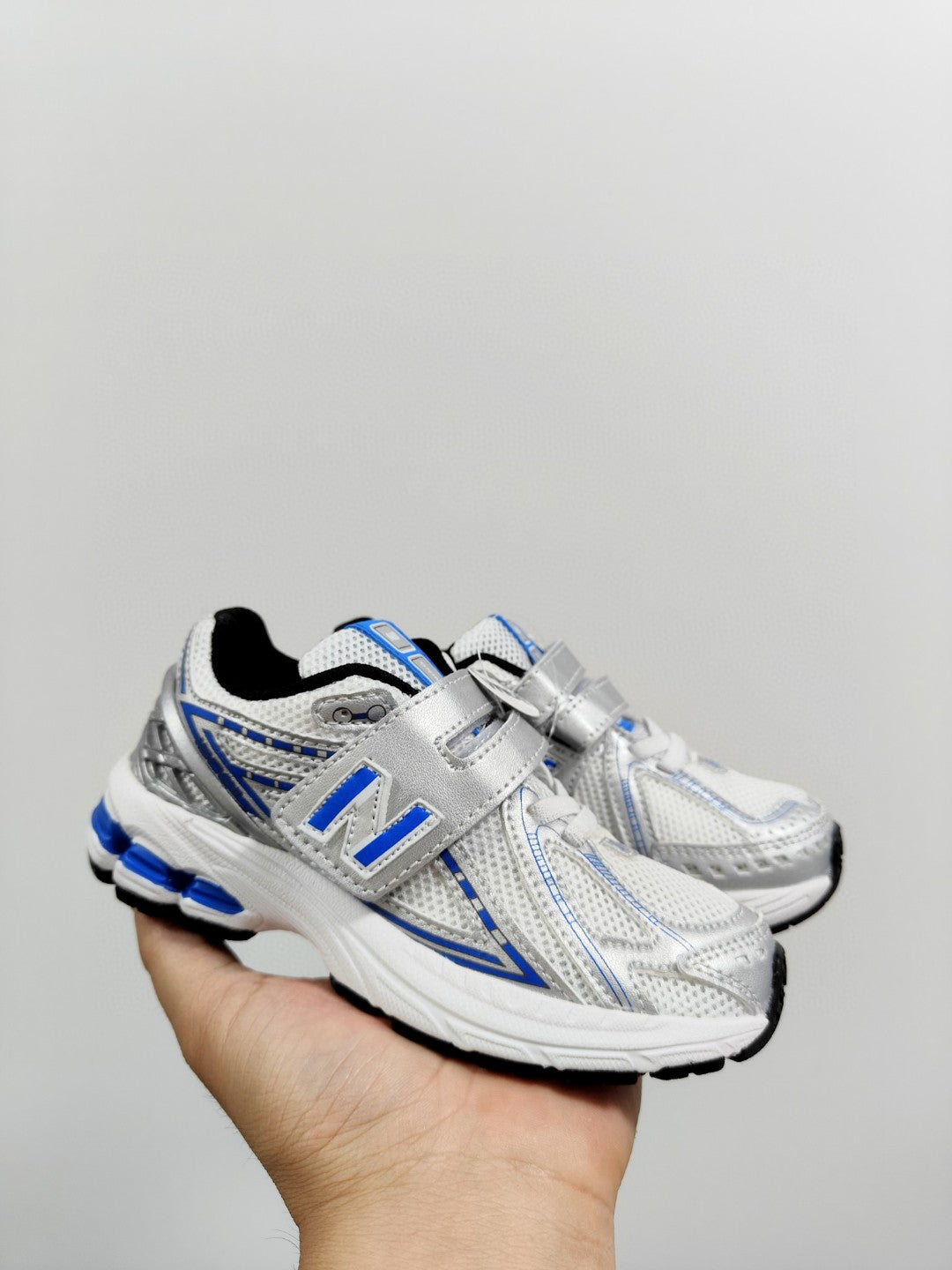 NB 1906 Velcro Kids Running Shoes" silver, blue"