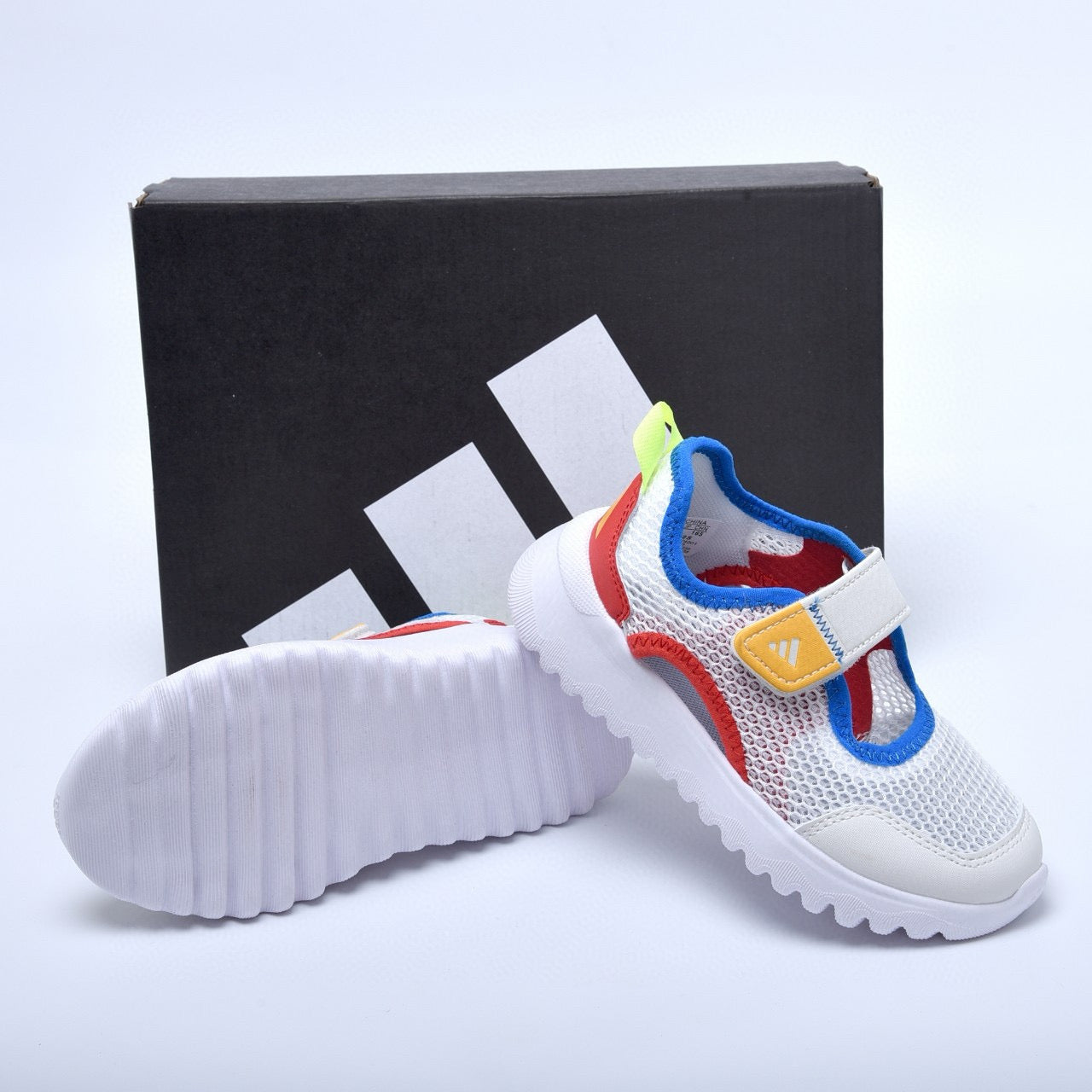 Adidas mesh single buckle sandals" white, with red and blue "