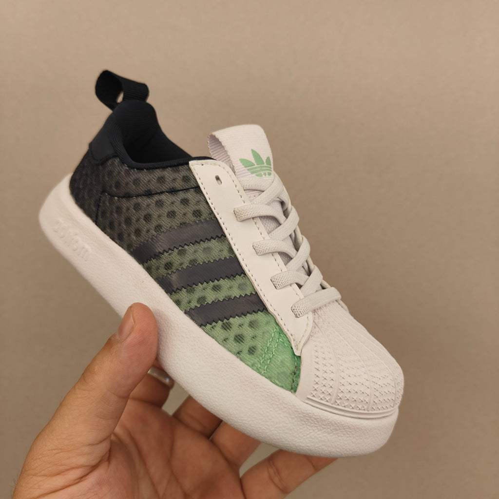 shell toe second generation" dark grey, Green, & White"