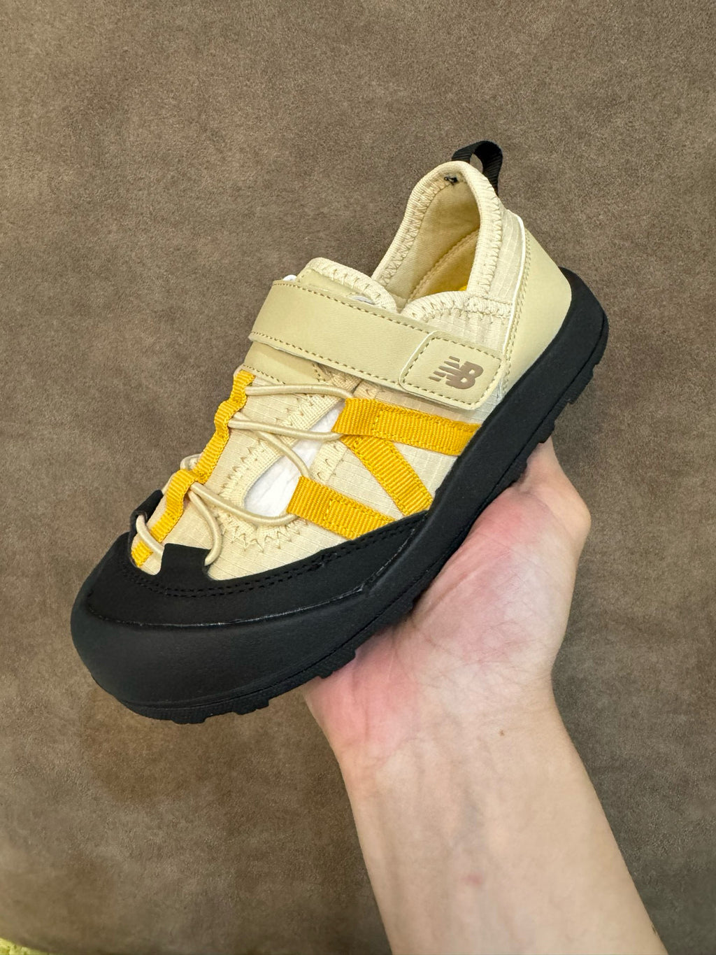 N3205 Velcro River Tracing Children's Sandals"   black, light beige/cream, and yellow"