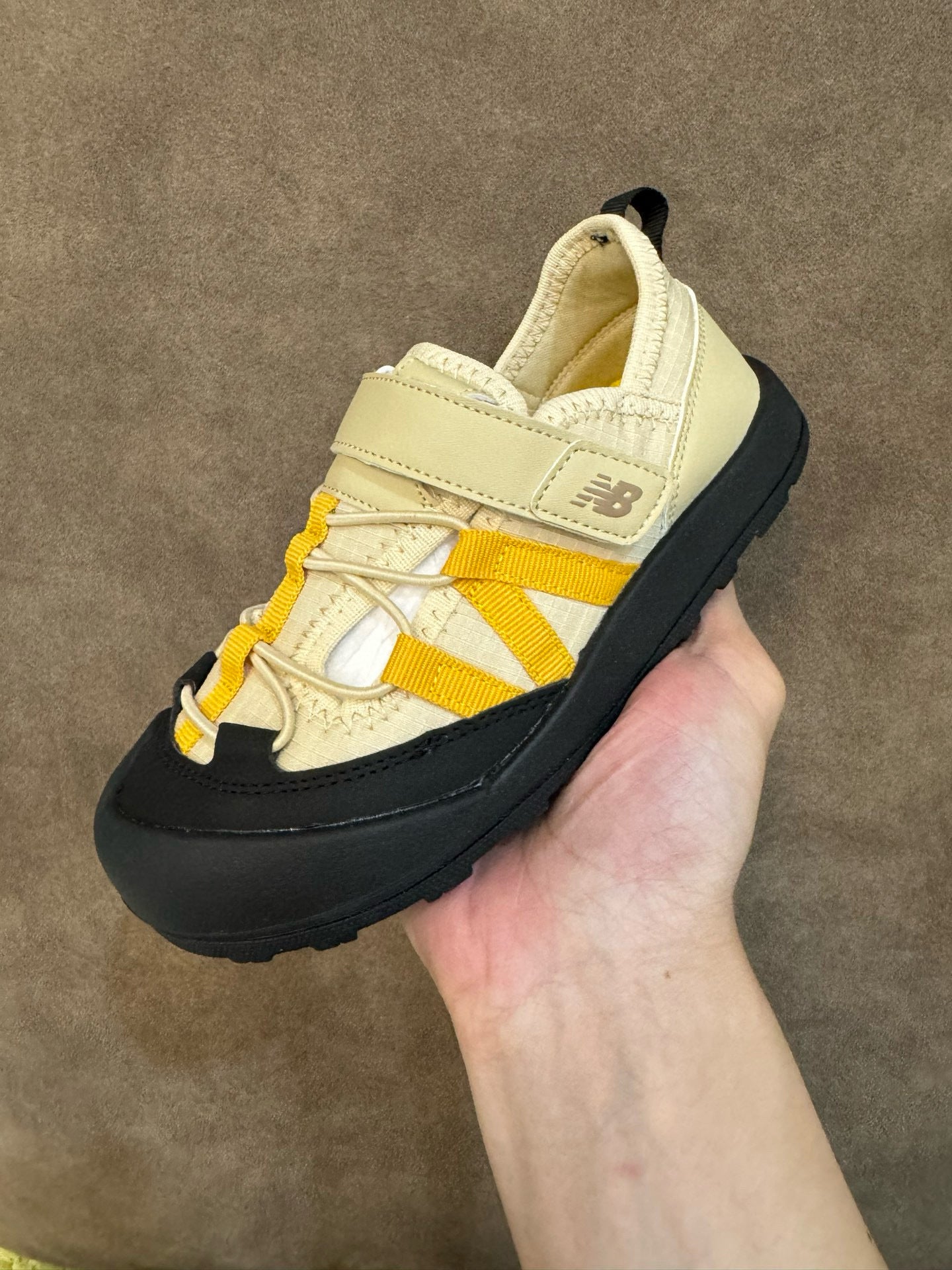 N3205 Velcro River Tracing Children's Sandals"   black, light beige/cream, and yellow"