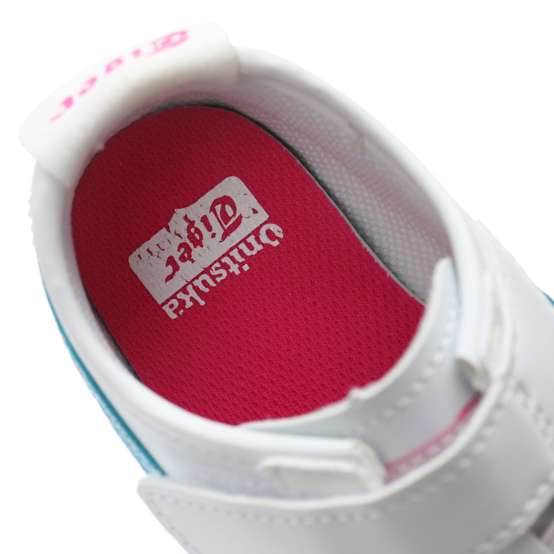 Asics Tiger" white with light blue and pink"