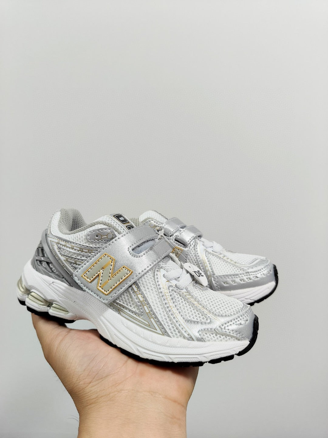NB 1906 Velcro Kids Running Shoes" white, silver"
