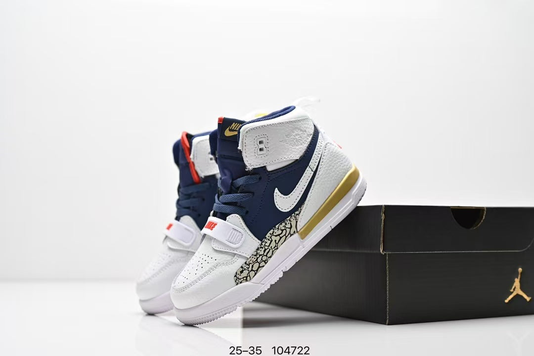 Jordan 312 high top children's shoes full second layer leather" white, Navy"