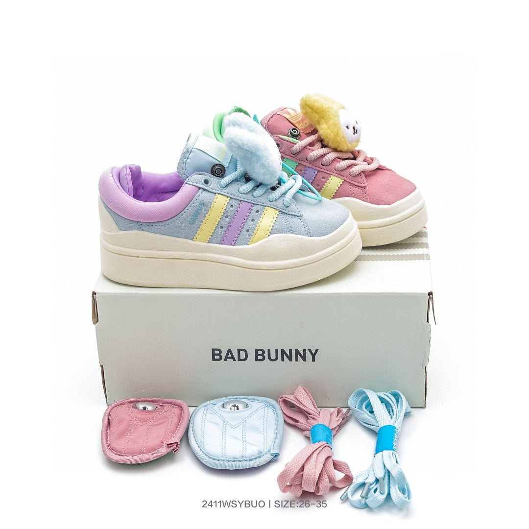 Bad Bunny x Adidas Originals Forum Low Bad Bunny" light blue/mint green, purple, and light yellow"