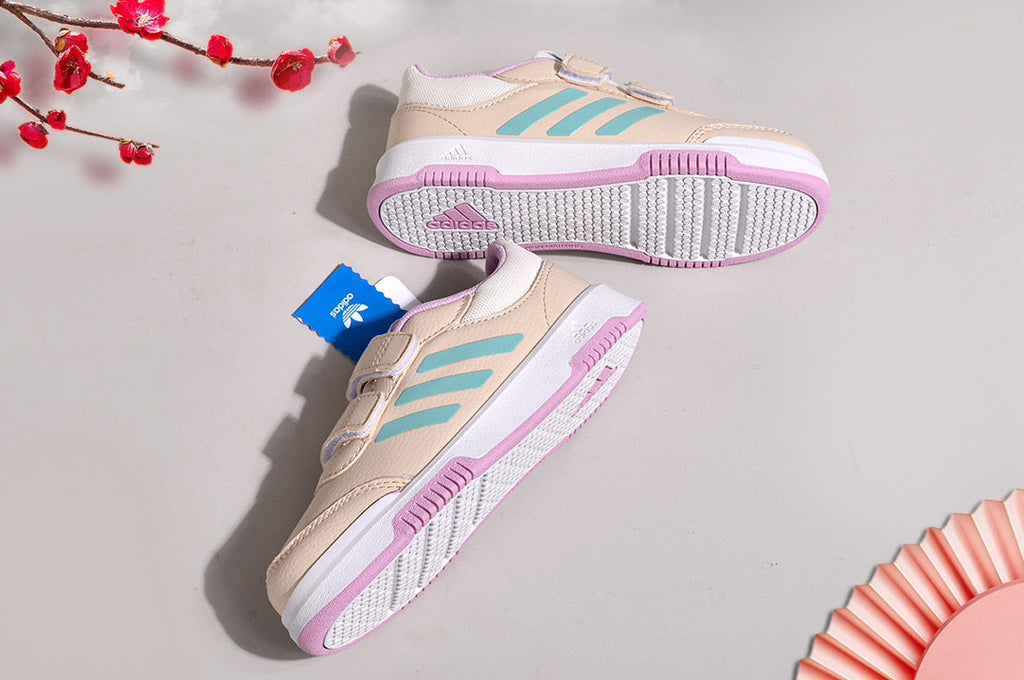 Adidas Velcro Sneakers" Beige/Light Tan, light blue"