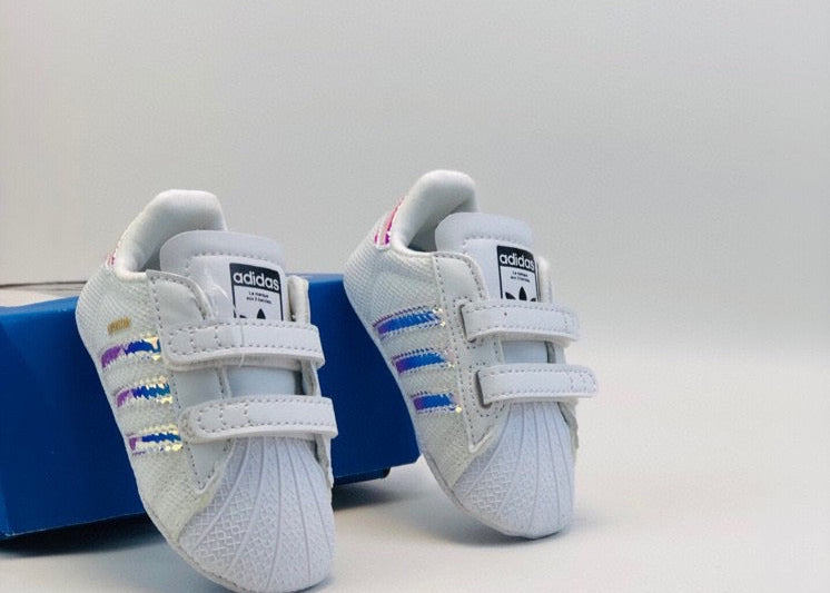 Adidas baby shoes" white, blue, silver"