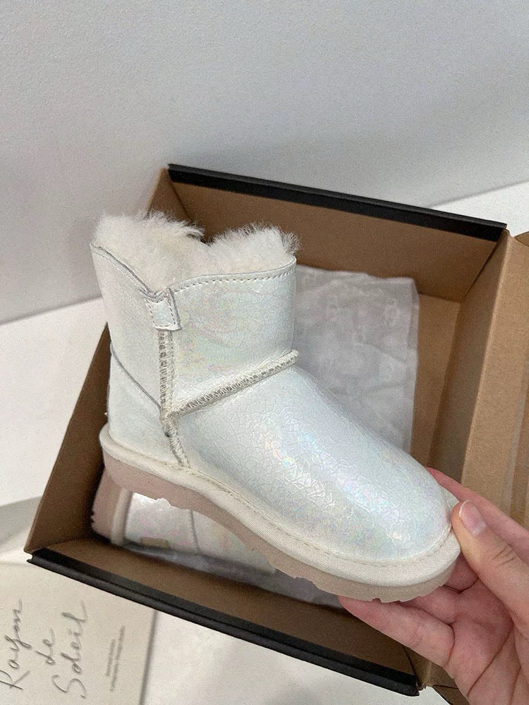 U-GG fur and leather waterproof side-stitched bright leather" silver"