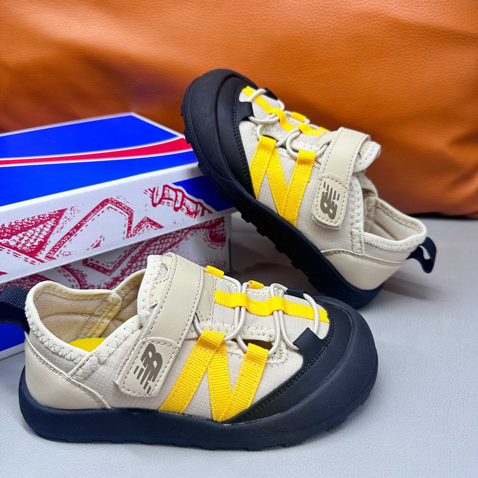 N3205 Velcro Sandals"black, light beige/cream, and yellow"