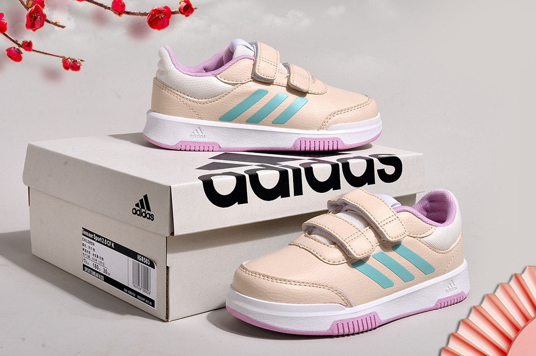 Adidas Velcro Sneakers" Beige/Light Tan, light blue"