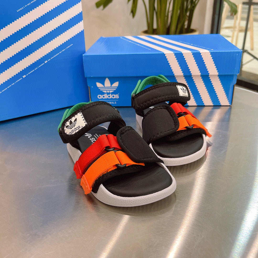 Adidas clover hook and loop beach sandals" black, orange, & green"