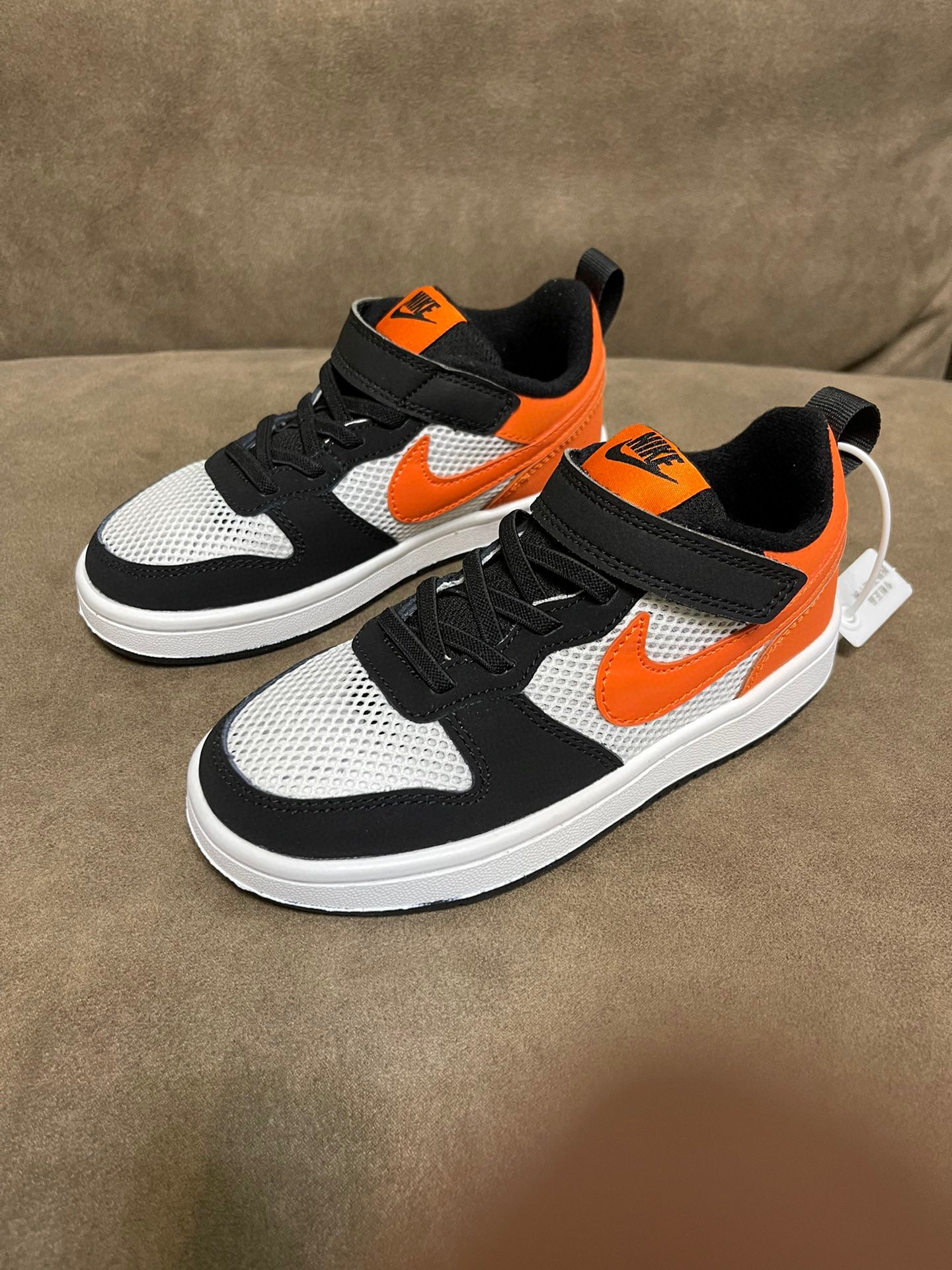 NIKE workwear Air Force One mesh elastic band Velcro children's shoes" white, black, orange"