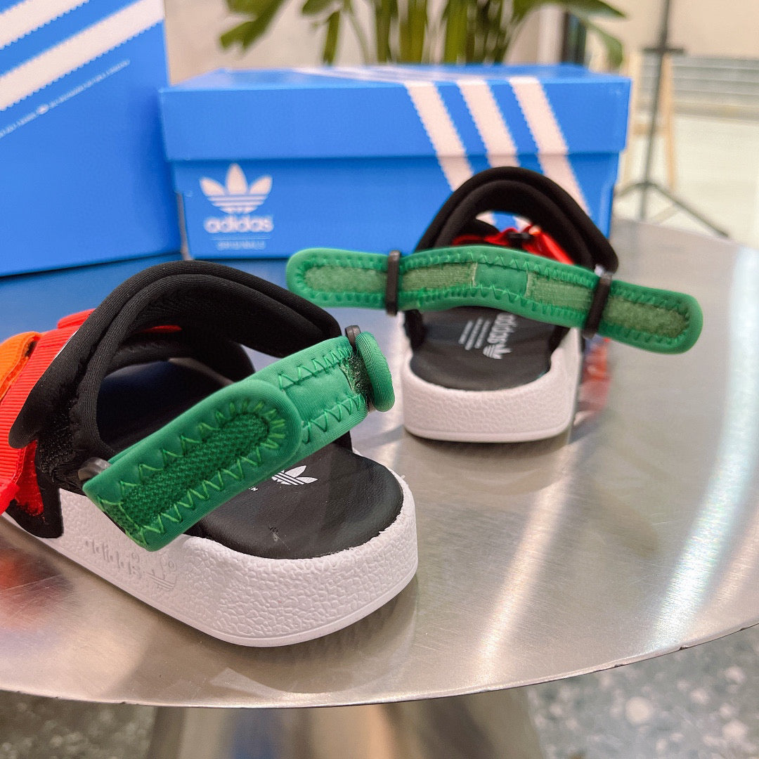 Adidas clover hook and loop beach sandals" black, orange, & green"