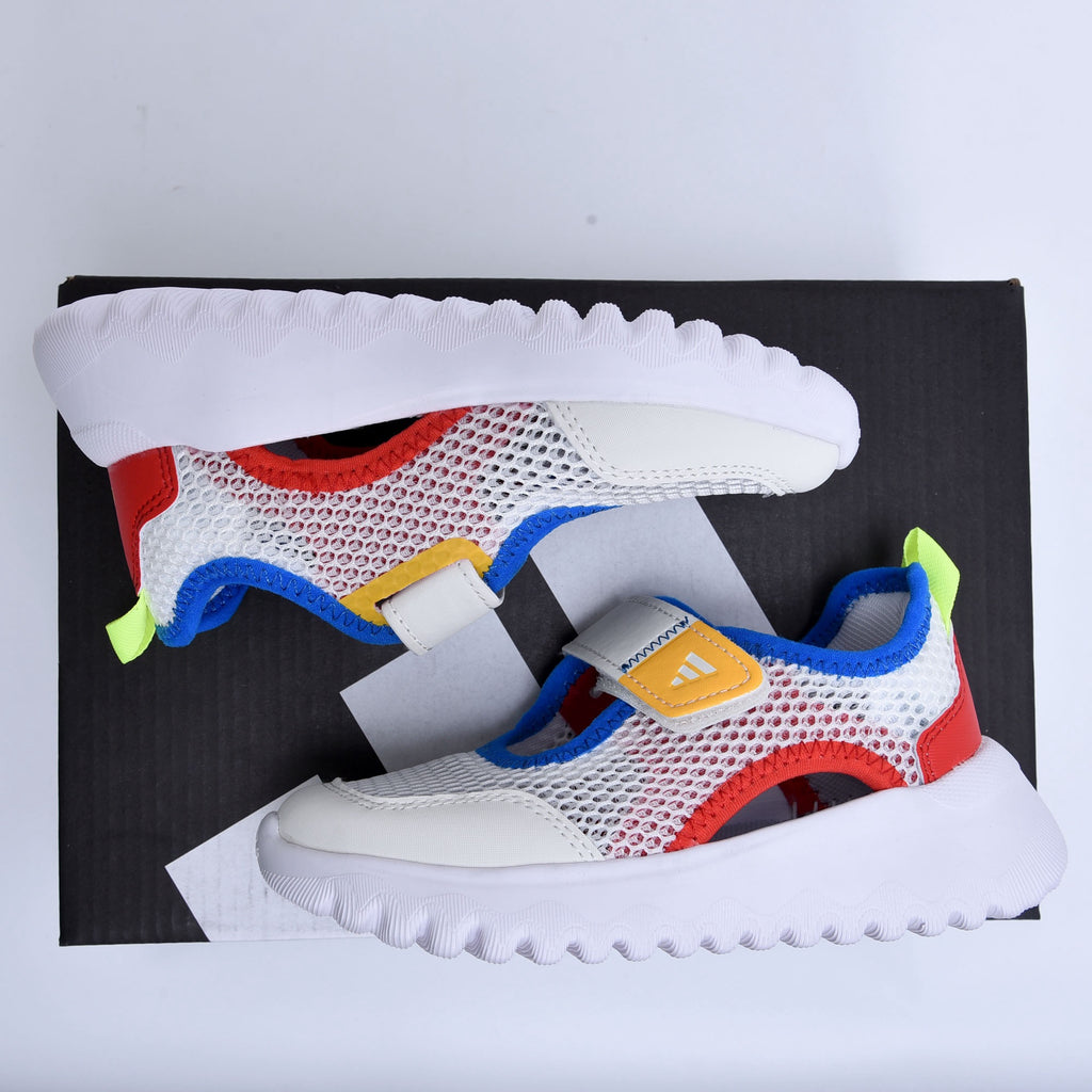 Adidas mesh single buckle sandals" white, with red and blue "