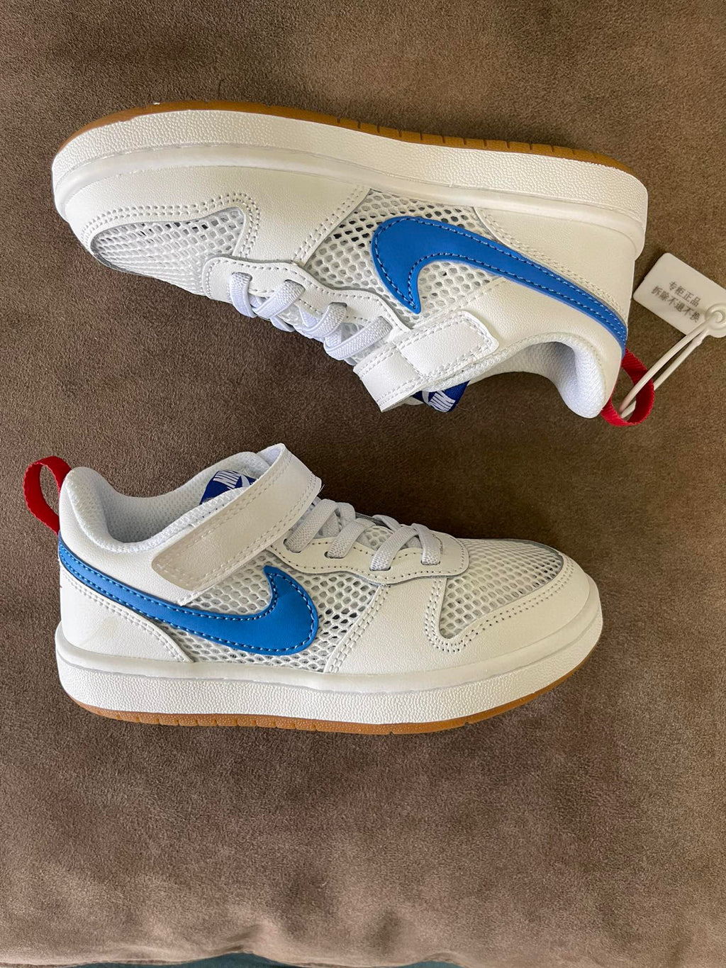NIKE workwear Air Force One mesh elastic band Velcro children's shoes" white, blue"