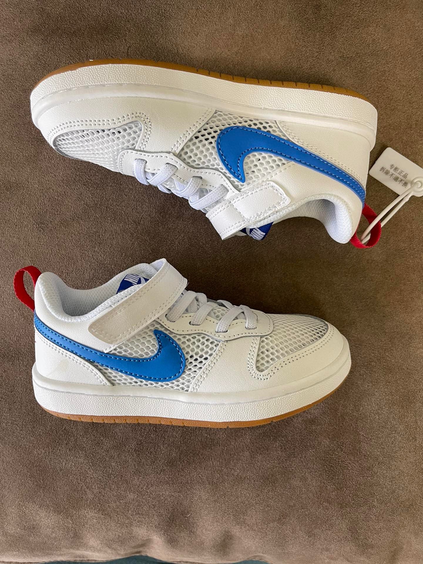 NIKE workwear Air Force One mesh elastic band Velcro children's shoes" white, blue"