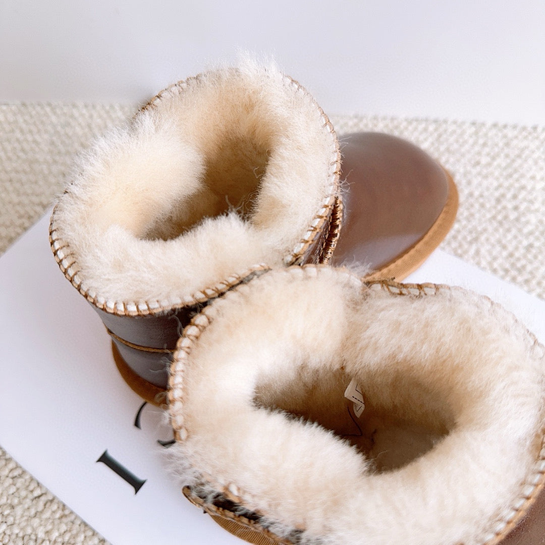 U-GG fur and leather waterproof side-stitched bright leather" brown"