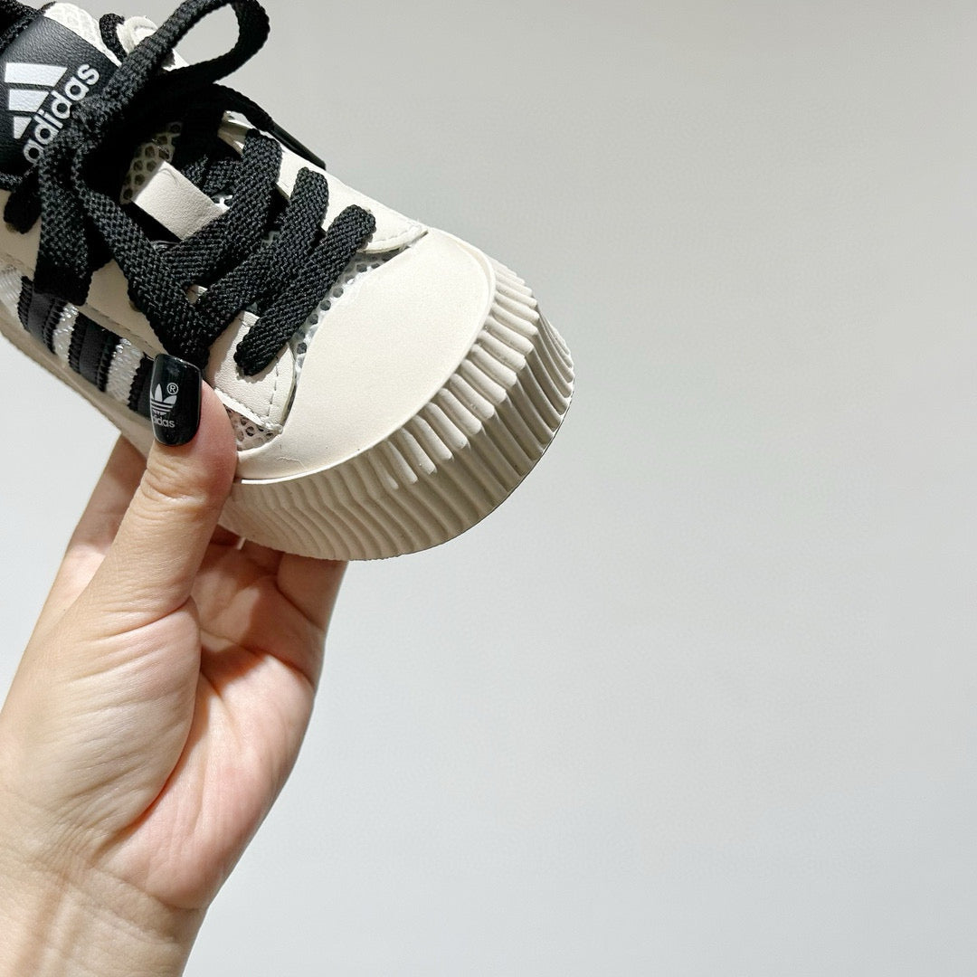 Adidas mesh Velcro soft sole children's sneakers" off- white, black"
