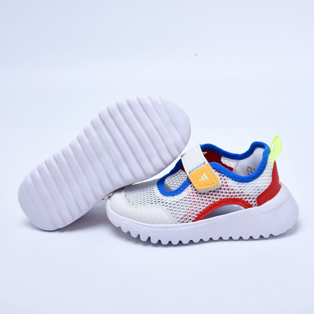 Adidas mesh single buckle sandals" white, with red and blue "