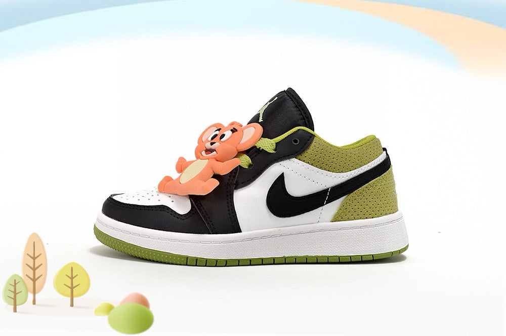 Jordan low-top first generation cartoon children's shoes" white, black, olive green"