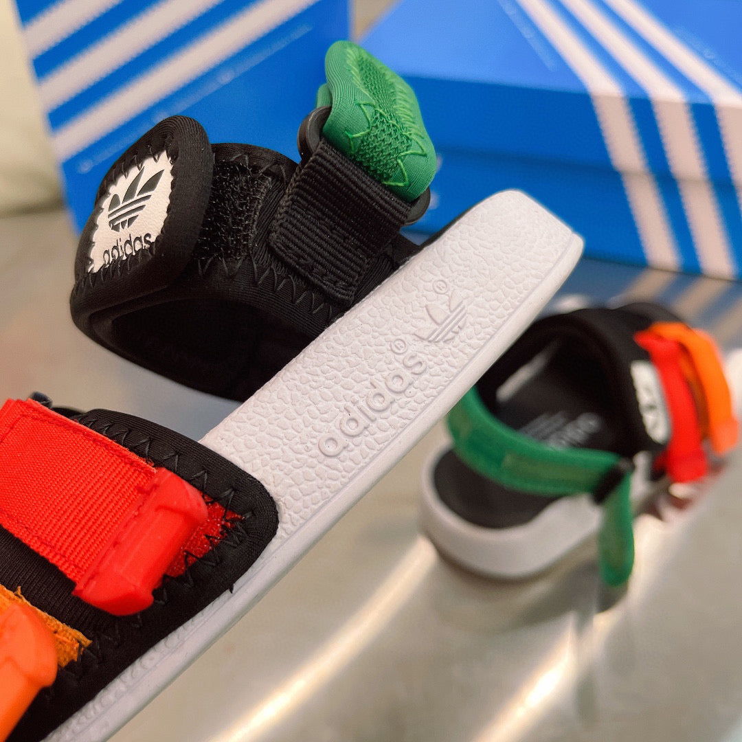 Adidas clover hook and loop beach sandals" black, orange, & green"