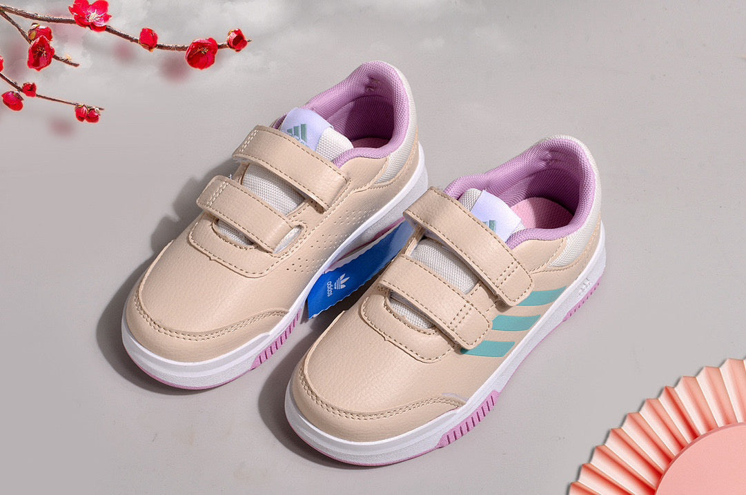 Adidas Velcro Sneakers" Beige/Light Tan, light blue"