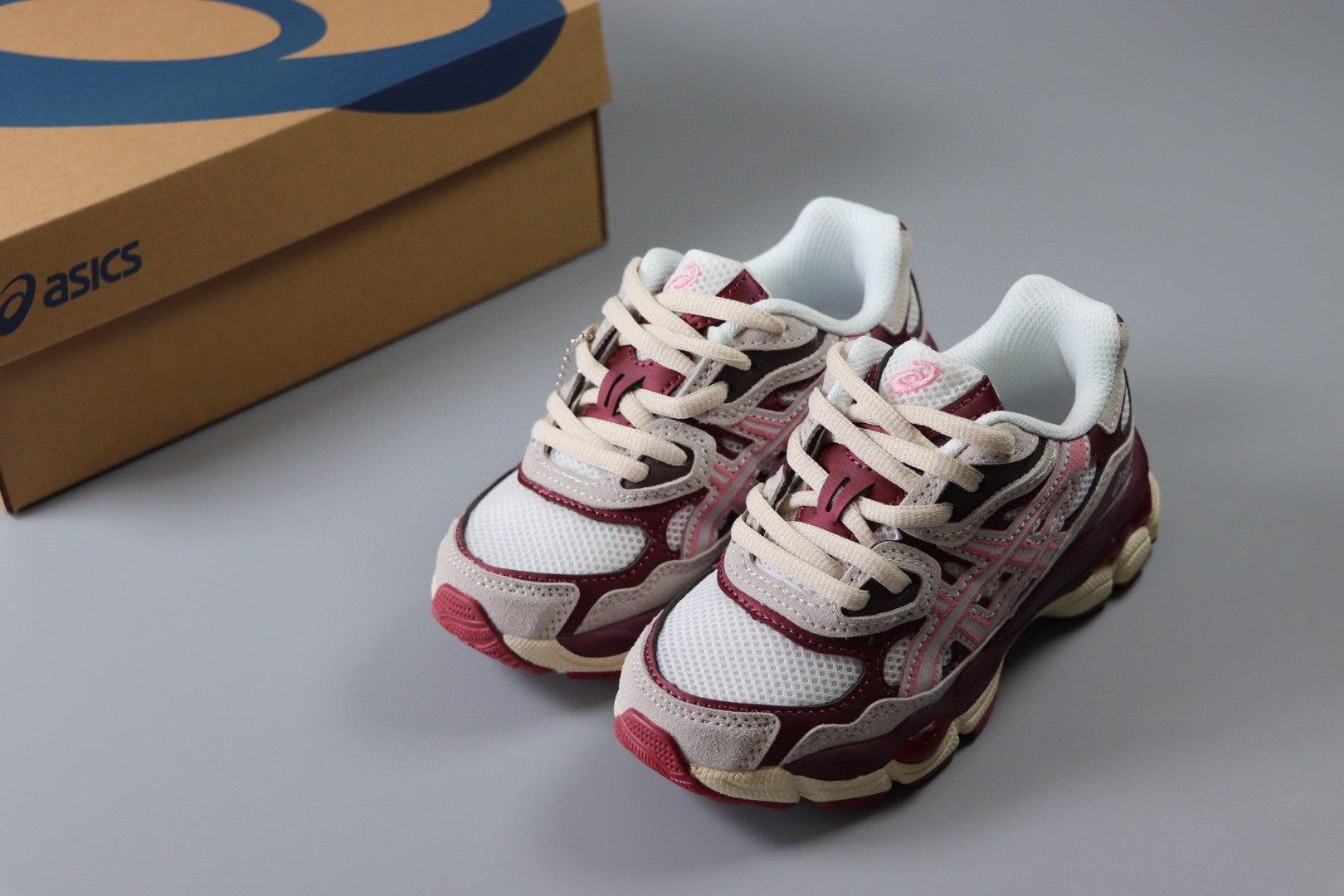 Asics Gel-NYC Professional"   burgundy/maroon, pink, and off-white/cream"