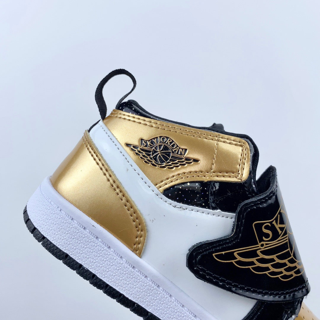 AJ Joe One-Wing Velcro Children's Shoes" black, white, gold"