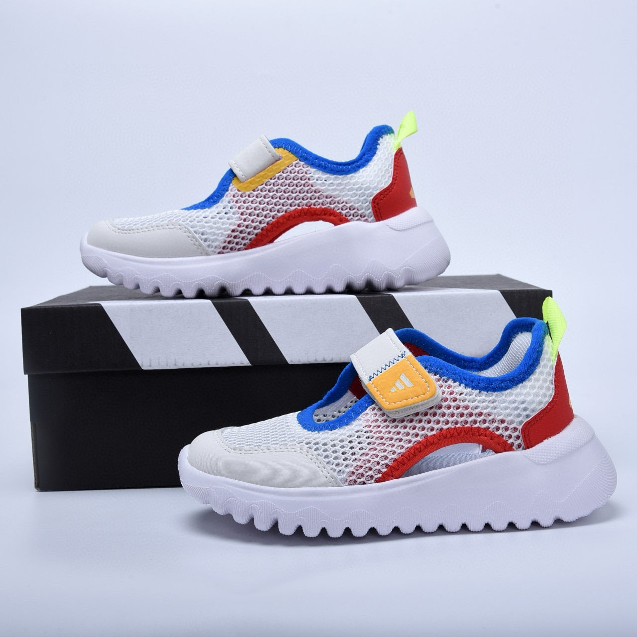 Adidas mesh single buckle sandals" white, with red and blue "