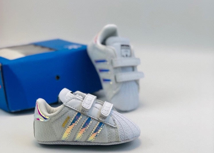 Adidas baby shoes" white, blue, silver"