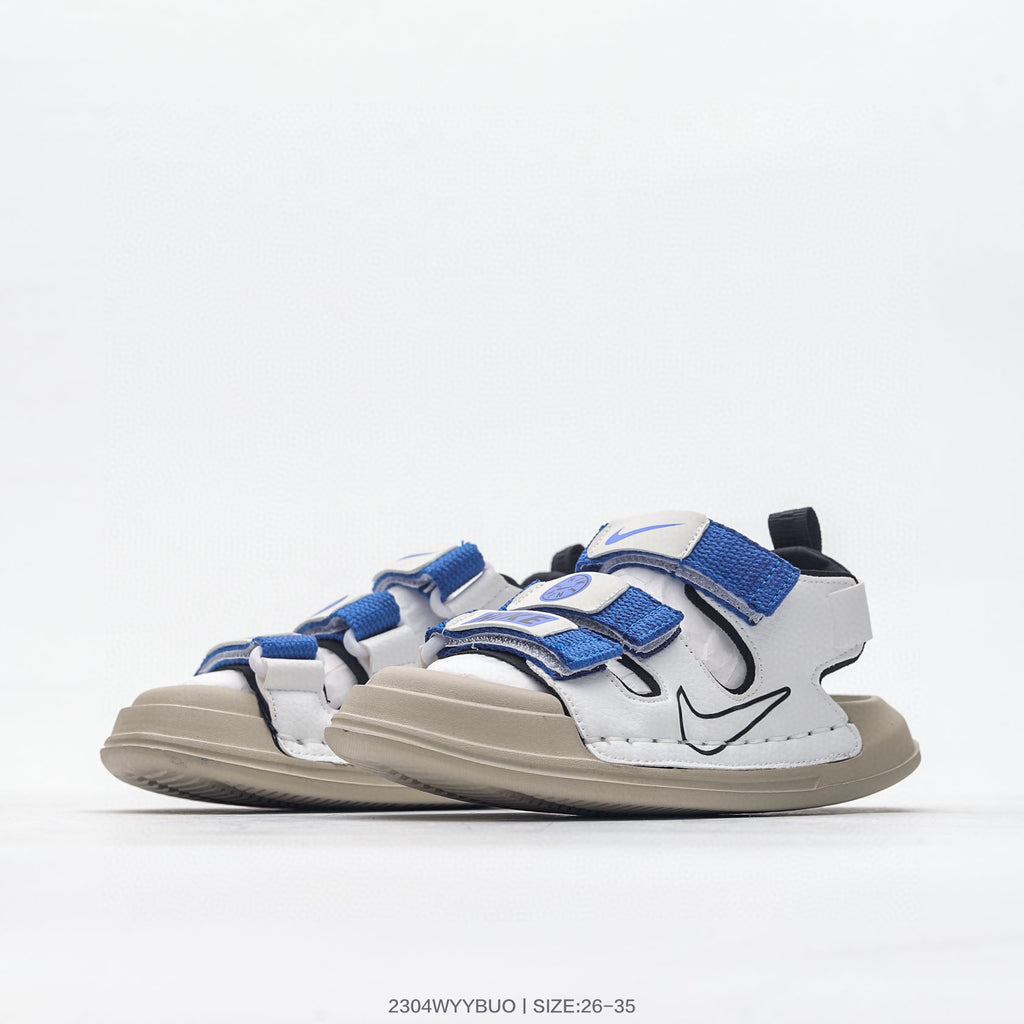 Nike three-bar closed-toe sandals" white, blue"