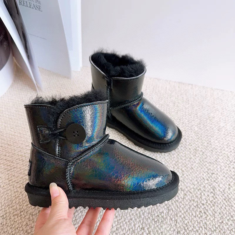U-GG fur and leather waterproof side-stitched bright leather" black"