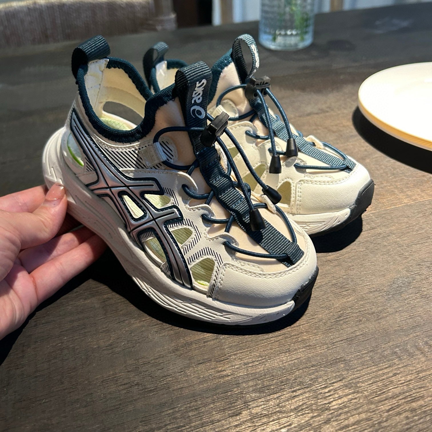 ASICS Stream Tracing Sports crocs" cream, & dark blue/navy"