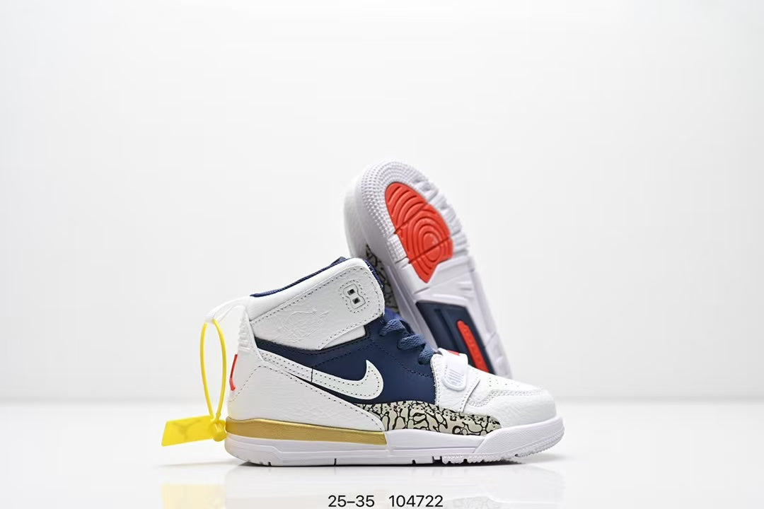 Jordan 312 high top children's shoes full second layer leather" white, Navy"