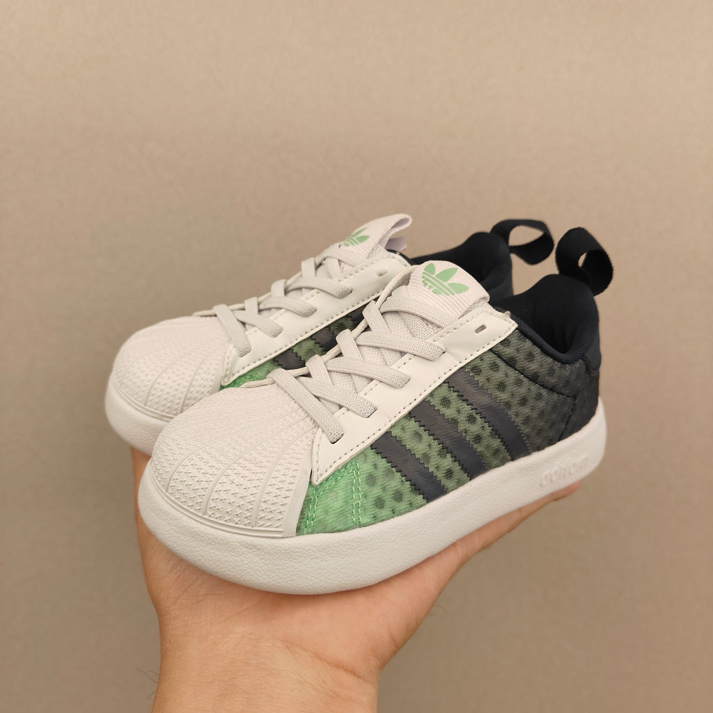 shell toe second generation" dark grey, Green, & White"