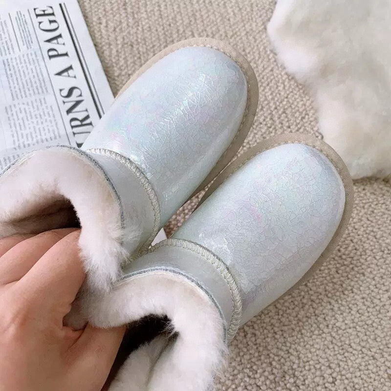 U-GG fur and leather waterproof side-stitched bright leather" silver"