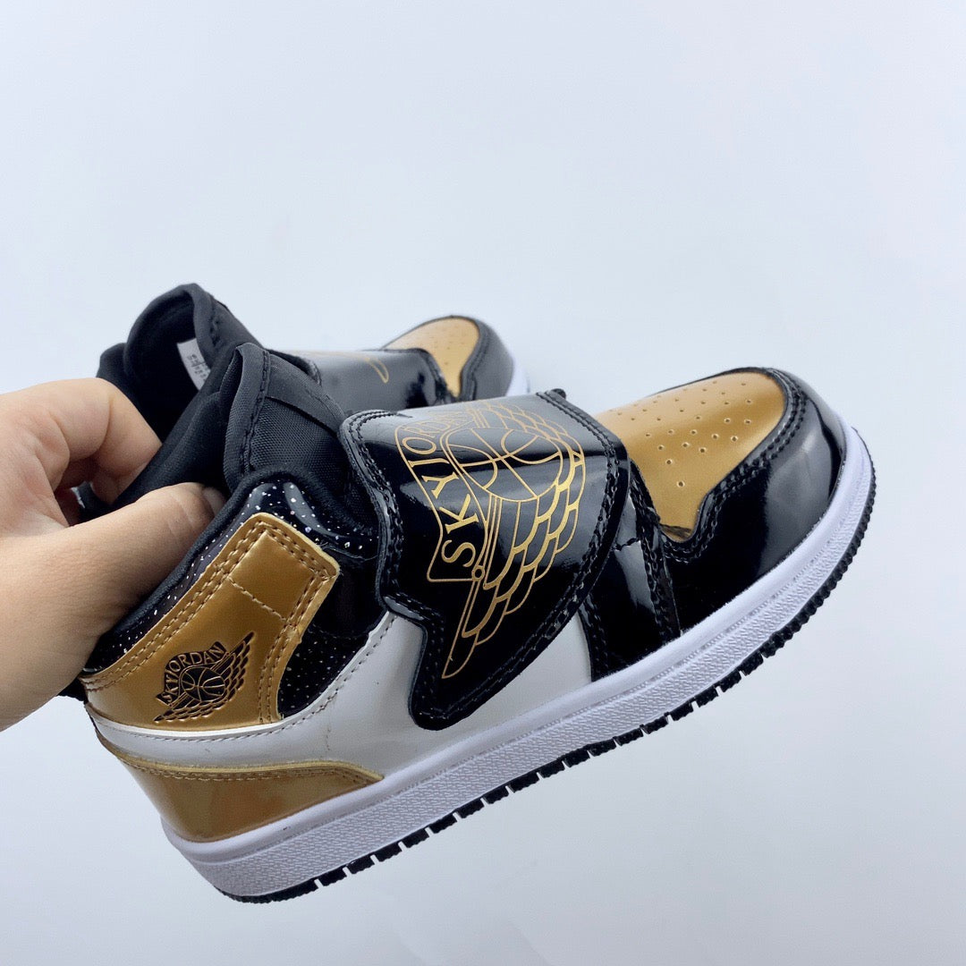 AJ Joe One-Wing Velcro Children's Shoes" black, white, gold"