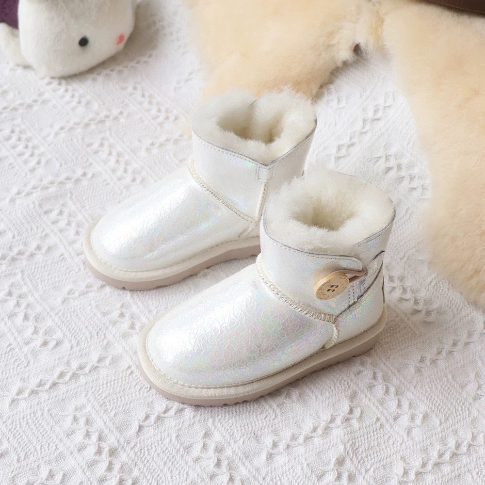 U-GG fur and leather waterproof side-stitched bright leather" white"