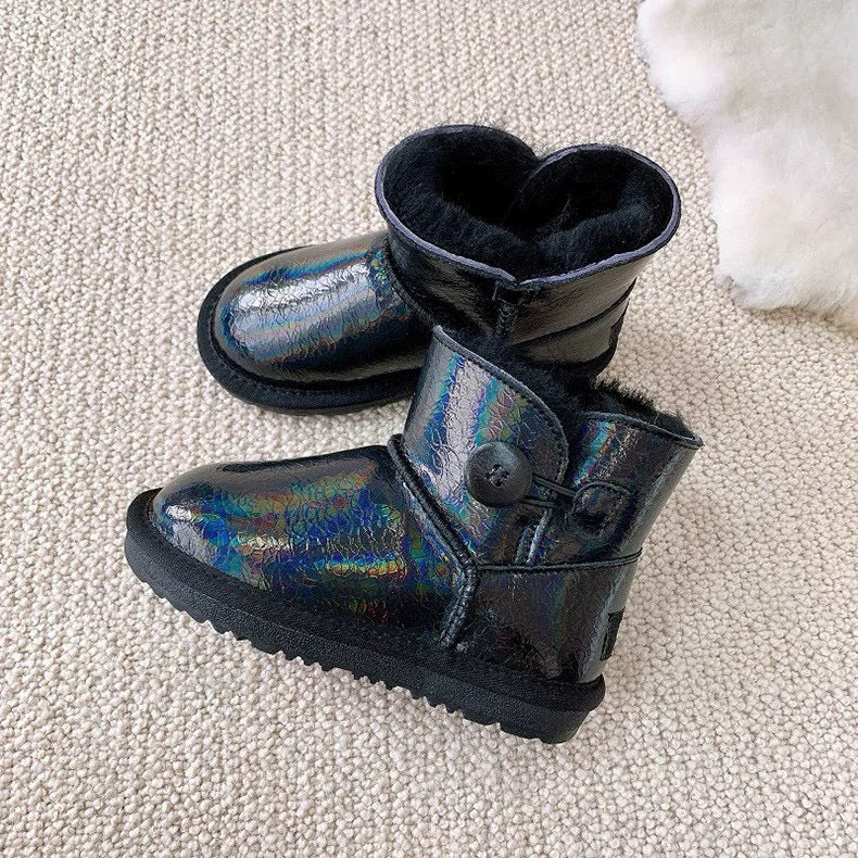 U-GG fur and leather waterproof side-stitched bright leather" black"
