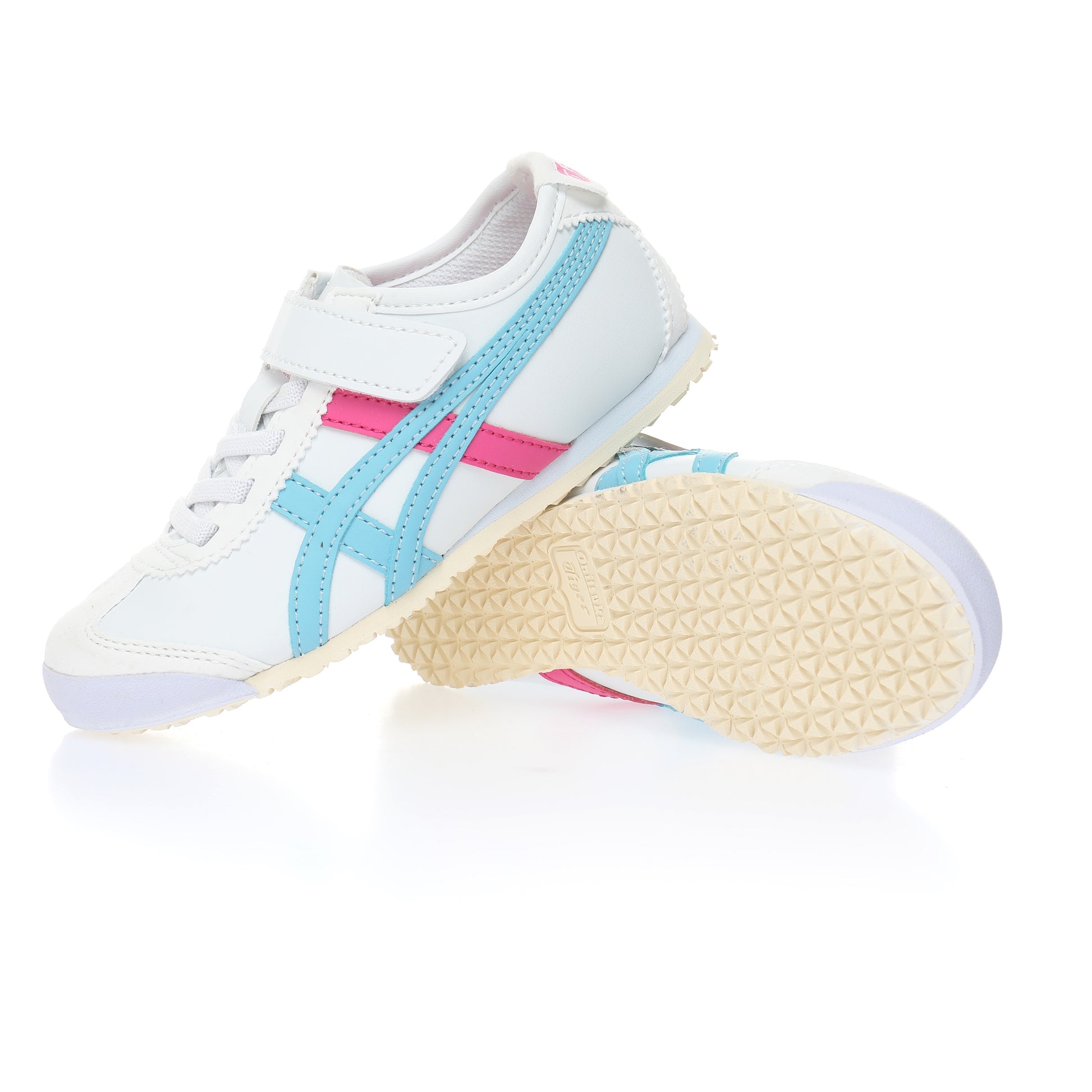 Asics Tiger" white with light blue and pink"